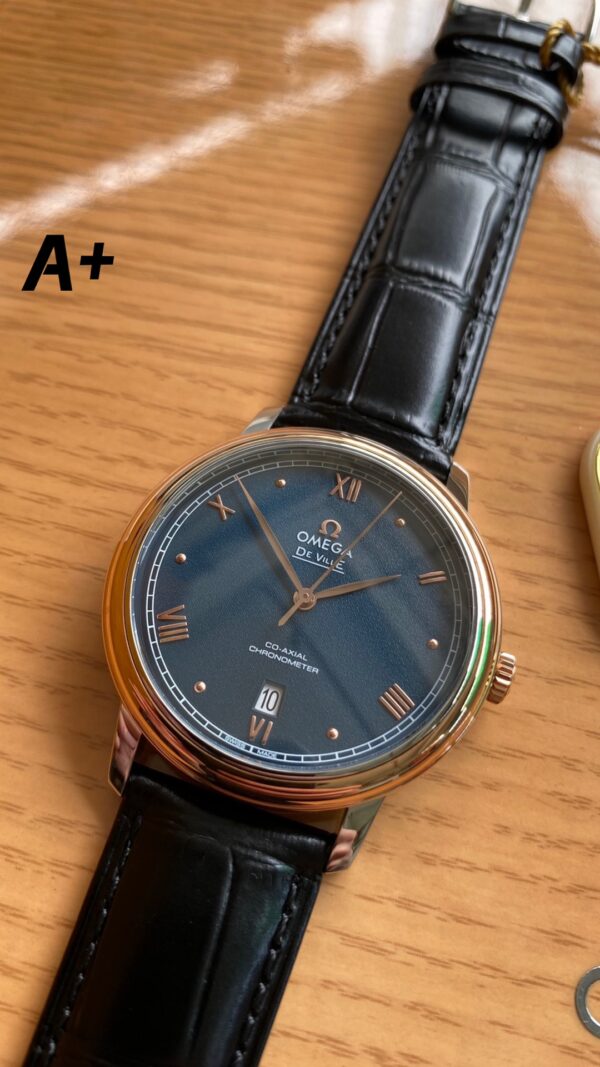 OMEGA De Ville Prestige 39.5mm RG/SS A+ Factory 1:1 Best Edition Blue Granular Dial RG Markers on Black Leather Strap A2500 - Best Replica Watches Store For Sale!