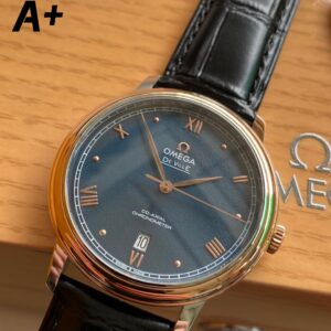 OMEGA De Ville Prestige 39.5mm RG/SS A+ Factory 1:1 Best Edition Blue Granular Dial RG Markers on Black Leather Strap A2500 - Best Replica Watches Store For Sale!