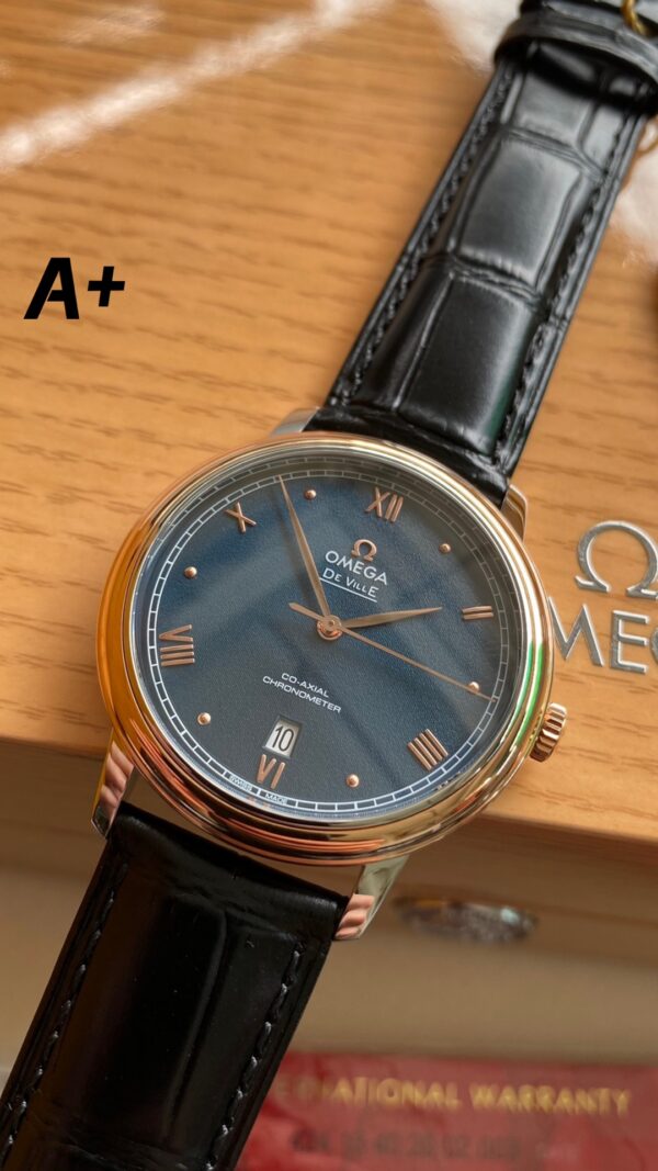 OMEGA De Ville Prestige 39.5mm RG/SS A+ Factory 1:1 Best Edition Blue Granular Dial RG Markers on Black Leather Strap A2500 - Best Replica Watches Store For Sale!