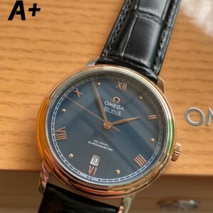 OMEGA De Ville Prestige 39.5mm RG/SS A+ Factory 1:1 Best Edition Blue Granular Dial RG Markers on Black Leather Strap A2500 - Best Replica Watches Store For Sale!