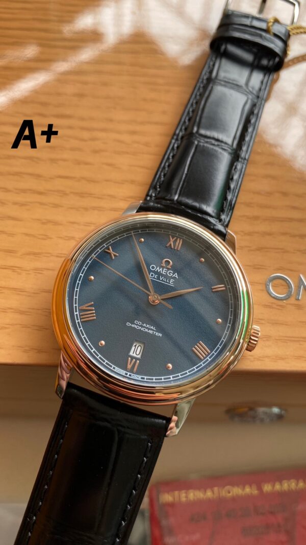 OMEGA De Ville Prestige 39.5mm RG/SS A+ Factory 1:1 Best Edition Blue Granular Dial RG Markers on Black Leather Strap A2500 - Best Replica Watches Store For Sale!