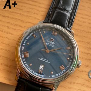 OMEGA De Ville Prestige 39.5mm SS A+ Factory 1:1 Best Edition Blue Granular Dial RG Markers on Black Leather Strap A2500 - Best Replica Watches Store For Sale!