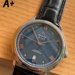 OMEGA De Ville Prestige 39.5mm SS A+ Factory 1:1 Best Edition Blue Granular Dial RG Markers on Black Leather Strap A2500 - Best Replica Watches Store For Sale!