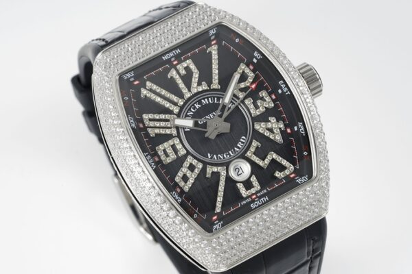 Franck MullerFranck Muller Vanguard V45 SS ABF Factory Best Edition Black Diamonds Dial on Black Leather Strap A2824 - Best Replica Watches Store For Sale!