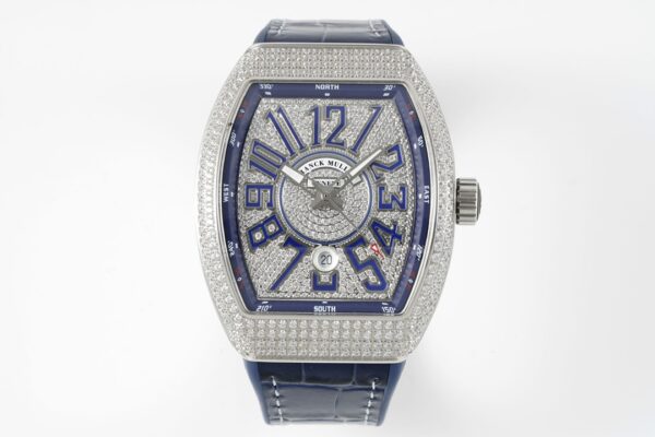 Franck MullerFranck Muller Vanguard V45 SS ABF Factory Best Edition Blue Full Diamonds Dial on Blue Leather Strap A2824 - Best Replica Watches Store For Sale!