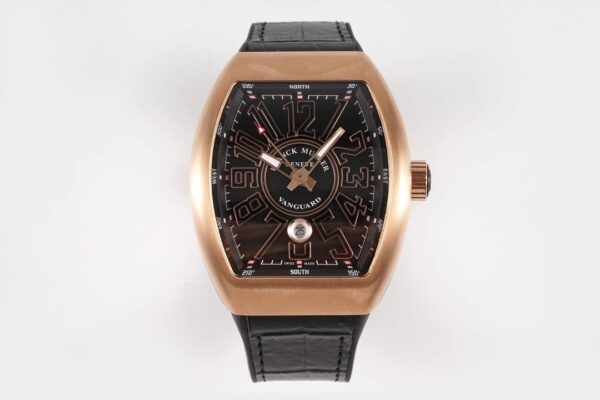 Franck Muller Vanguard V45 RG ABF Factory Best Edition Black Dial With Rose Glod Numeral Markers on Black Leather Strap A2824 - Best Replica Watches Store For Sale!
