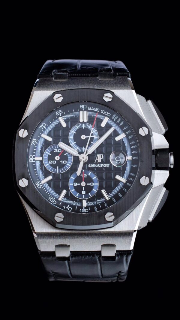 AP Royal Oak Offshore 44mm SS APF Factory 1:1 Best Edition Black Checkered Dial Ceramic Bezel on Black Leather Strap A3126 - Best Replica Watches Store For Sale!