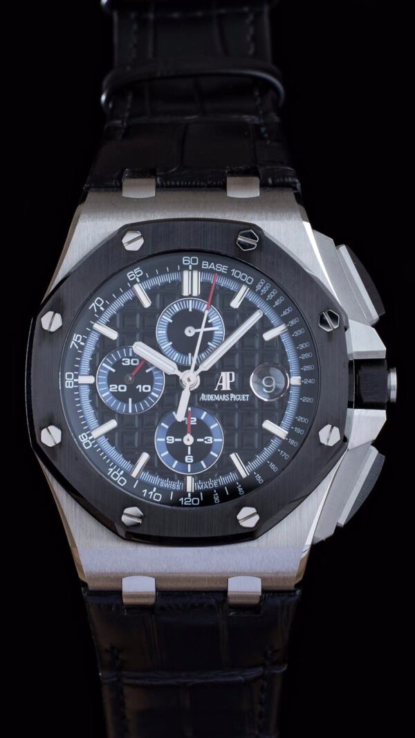 AP Royal Oak Offshore 44mm SS APF Factory 1:1 Best Edition Black Checkered Dial Ceramic Bezel on Black Leather Strap A3126 - Best Replica Watches Store For Sale!