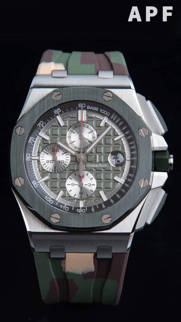 AP Royal Oak Offshore 44mm SS Green Ceramic Bezel APF Factory 1:1 Best Edition Green/Silver Dial on Camo Rubber Strap A7750 - Best Replica Watches Store For Sale!