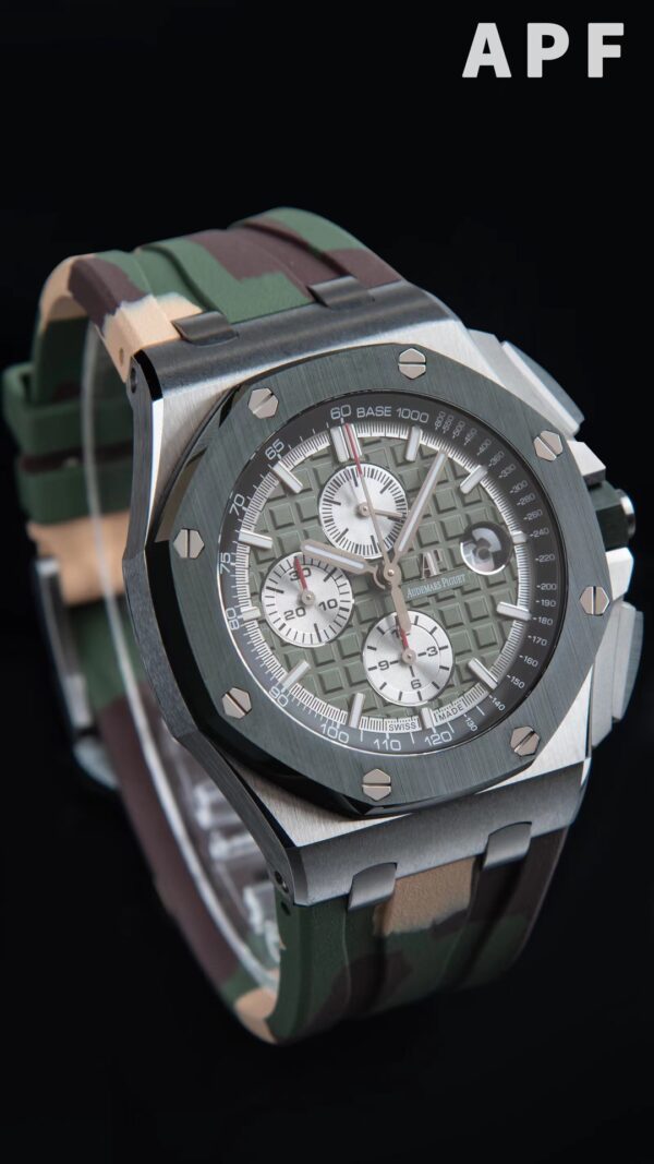 AP Royal Oak Offshore 44mm SS Green Ceramic Bezel APF Factory 1:1 Best Edition Green/Silver Dial on Camo Rubber Strap A7750 - Best Replica Watches Store For Sale!