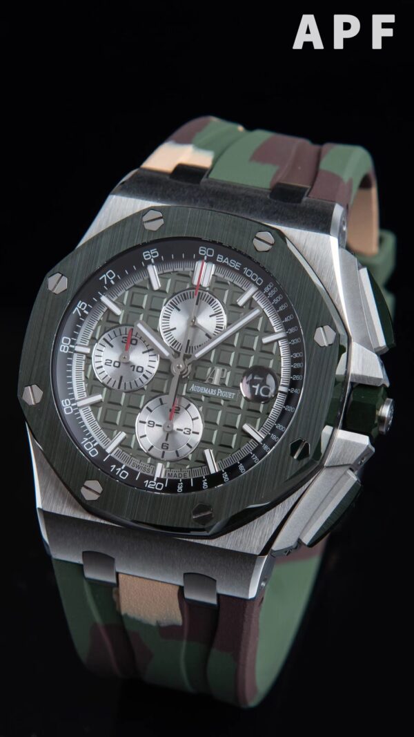 AP Royal Oak Offshore 44mm SS Green Ceramic Bezel APF Factory 1:1 Best Edition Green/Silver Dial on Camo Rubber Strap A7750 - Best Replica Watches Store For Sale!