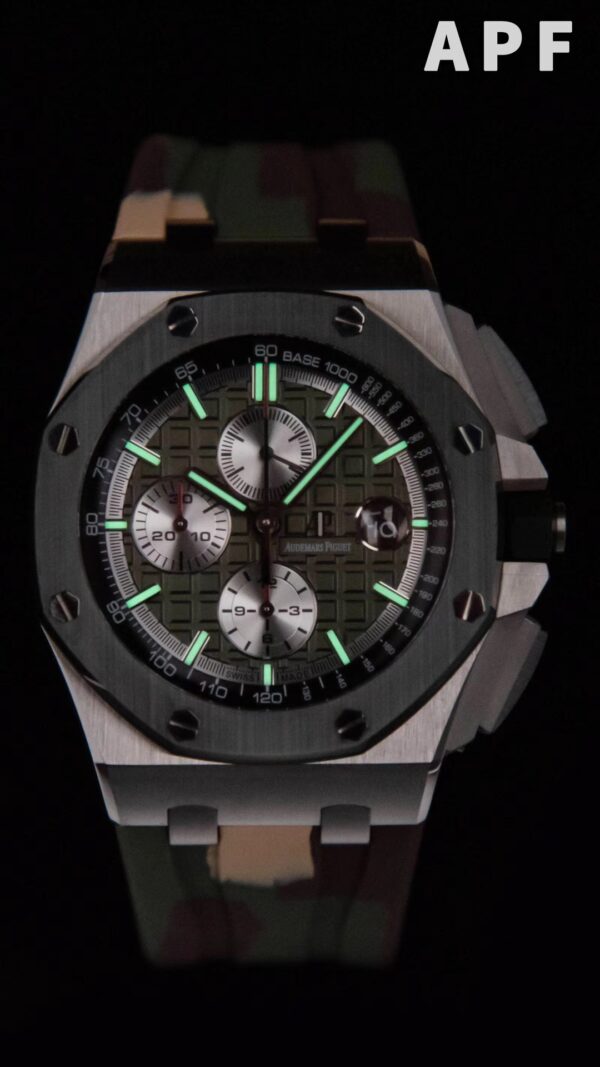 AP Royal Oak Offshore 44mm SS Green Ceramic Bezel APF Factory 1:1 Best Edition Green/Silver Dial on Camo Rubber Strap A7750 - Best Replica Watches Store For Sale!