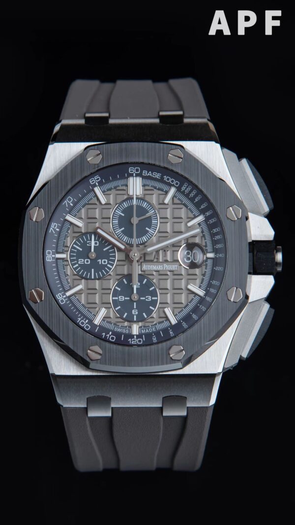 AP Royal Oak Offshore 44mm SS Black Ceramic Bezel APF Factory 1:1 Best Edition Gray/Blue Dial on Gray Rubber Strap A3126 - Best Replica Watches Store For Sale!