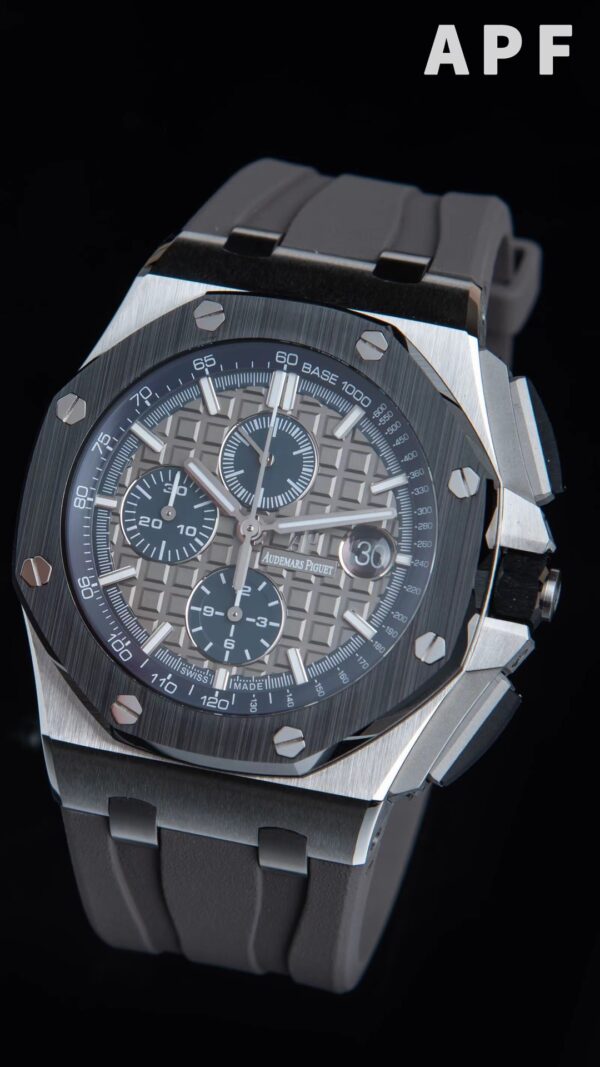 AP Royal Oak Offshore 44mm SS Black Ceramic Bezel APF Factory 1:1 Best Edition Gray/Blue Dial on Gray Rubber Strap A3126 - Best Replica Watches Store For Sale!