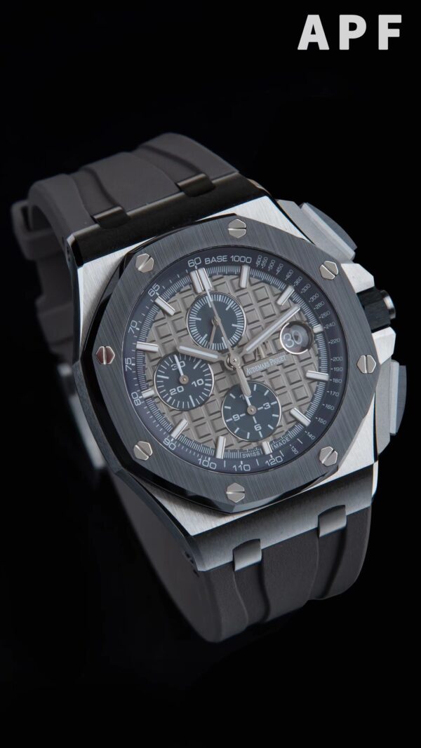 AP Royal Oak Offshore 44mm SS Black Ceramic Bezel APF Factory 1:1 Best Edition Gray/Blue Dial on Gray Rubber Strap A3126 - Best Replica Watches Store For Sale!