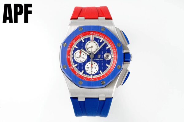AP Royal Oak Offshore 44mm Blue Ceramic Bezel APF Factory 1:1 Best Edition Blue/Red Dial on Blue/Red Rubber Strap A3126 - Best Replica Watches Store For Sale!