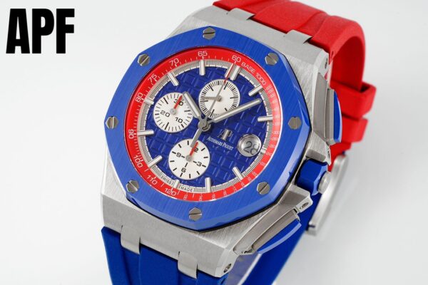 AP Royal Oak Offshore 44mm Blue Ceramic Bezel APF Factory 1:1 Best Edition Blue/Red Dial on Blue/Red Rubber Strap A3126 - Best Replica Watches Store For Sale!