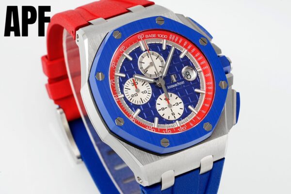 AP Royal Oak Offshore 44mm Blue Ceramic Bezel APF Factory 1:1 Best Edition Blue/Red Dial on Blue/Red Rubber Strap A3126 - Best Replica Watches Store For Sale!