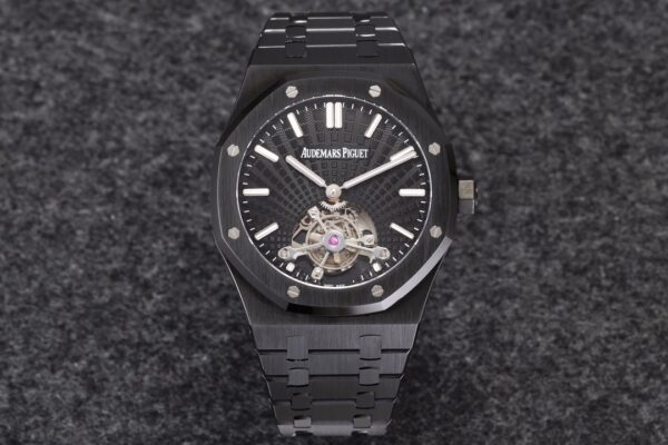 AP Royal Oak PVD Tourbillon R8 Factory Best Edition Black Sunburst Tapisserie Dial on PVD Bracelet V3 - Best Replica Watches Store For Sale!