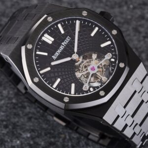 AP Royal Oak PVD Tourbillon R8 Factory Best Edition Black Sunburst Tapisserie Dial on PVD Bracelet V3 - Best Replica Watches Store For Sale!
