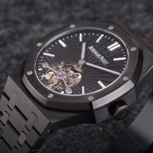 AP Royal Oak PVD Tourbillon R8 Factory Best Edition Black Sunburst Tapisserie Dial on PVD Bracelet V3 - Best Replica Watches Store For Sale!