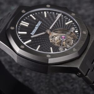 AP Royal Oak PVD Tourbillon R8 Factory Best Edition Black Sunburst Tapisserie Dial on PVD Bracelet V3 - Best Replica Watches Store For Sale!