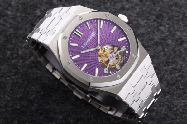 AP Royal Oak 2018 SIHH SS Tourbillon R8 Factory Purple Sunburst Tapisserie Dial on SS Bracelet V3 - Best Replica Watches Store For Sale!