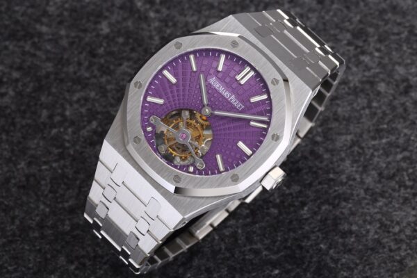 AP Royal Oak 2018 SIHH SS Tourbillon R8 Factory Purple Sunburst Tapisserie Dial on SS Bracelet V3 - Best Replica Watches Store For Sale!