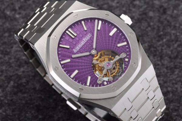 AP Royal Oak 2018 SIHH SS Tourbillon R8 Factory Purple Sunburst Tapisserie Dial on SS Bracelet V3 - Best Replica Watches Store For Sale!