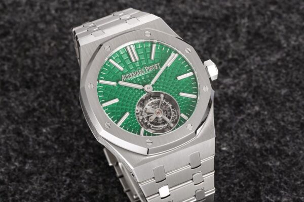 AP Royal Oak 2018 SIHH SS Tourbillon R8 Factory Green Sunburst Tapisserie Dial on SS Bracelet V3 - Best Replica Watches Store For Sale!