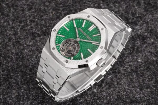 AP Royal Oak 2018 SIHH SS Tourbillon R8 Factory Green Sunburst Tapisserie Dial on SS Bracelet V3 - Best Replica Watches Store For Sale!