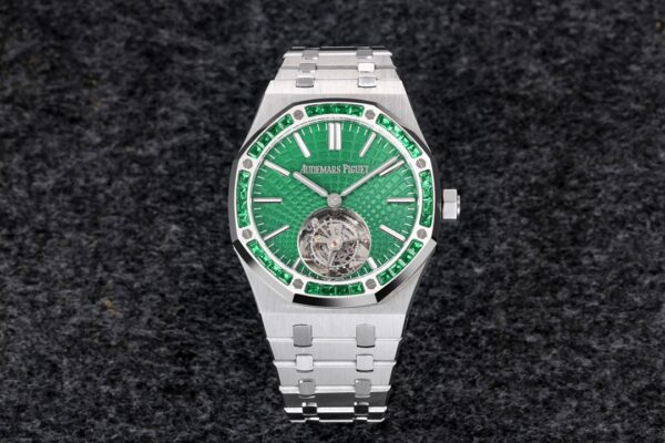 AP Royal Oak 2018 SIHH SS Tourbillon R8 Factory Diamond Bezel Green Sunburst Tapisserie Dial on SS Bracelet V3 - Best Replica Watches Store For Sale!