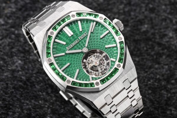 AP Royal Oak 2018 SIHH SS Tourbillon R8 Factory Diamond Bezel Green Sunburst Tapisserie Dial on SS Bracelet V3 - Best Replica Watches Store For Sale!