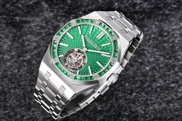AP Royal Oak 2018 SIHH SS Tourbillon R8 Factory Diamond Bezel Green Sunburst Tapisserie Dial on SS Bracelet V3 - Best Replica Watches Store For Sale!