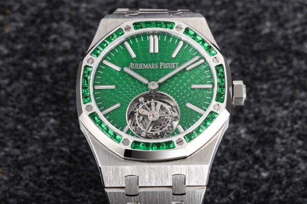 AP Royal Oak 2018 SIHH SS Tourbillon R8 Factory Diamond Bezel Green Sunburst Tapisserie Dial on SS Bracelet V3 - Best Replica Watches Store For Sale!