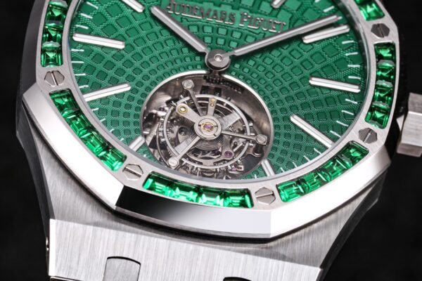AP Royal Oak 2018 SIHH SS Tourbillon R8 Factory Diamond Bezel Green Sunburst Tapisserie Dial on SS Bracelet V3 - Best Replica Watches Store For Sale!