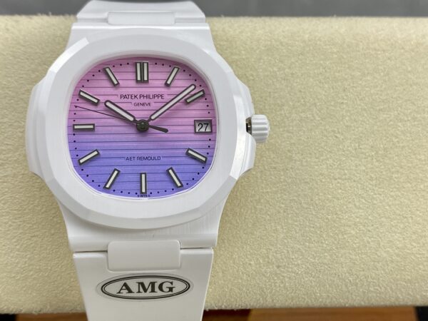 PATEK PHILIPPE AET Nautilus 5711 White Ceramic  AMG Factory Best Edition Purple/Pink Dial - Best Replica Watches Store For Sale!