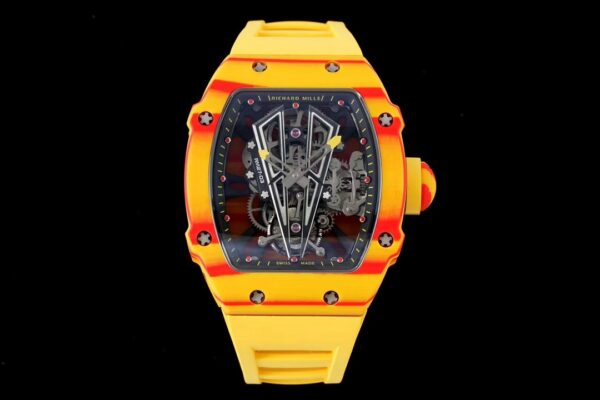 Richard Mille RM027-03 Real Tourbillon RM Factory Best Edition Orange/Red Carbon Skeleton Dial on Yellow Rubber Strap - Best Replica Watches Store For Sale!