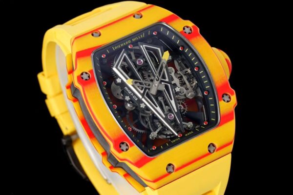 Richard Mille RM027-03 Real Tourbillon RM Factory Best Edition Orange/Red Carbon Skeleton Dial on Yellow Rubber Strap - Best Replica Watches Store For Sale!
