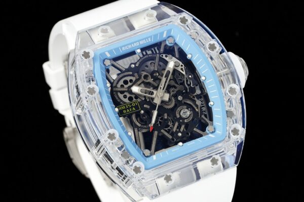 RICHARD MILLERM  RM35-01 Transparent RM Factory Best Edition Skeleton Blue Dial on White Rubber Strap Clone RMUL2 - Best Replica Watches Store For Sale!