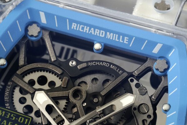 RICHARD MILLERM  RM35-01 Transparent RM Factory Best Edition Skeleton Blue Dial on White Rubber Strap Clone RMUL2 - Best Replica Watches Store For Sale!