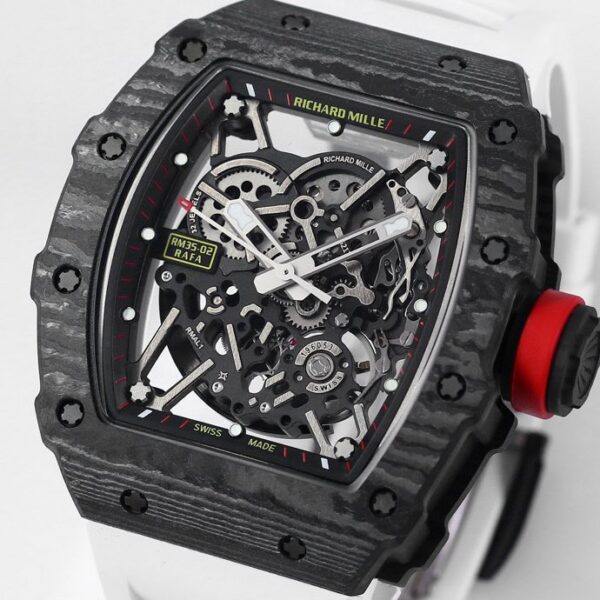RICHARD MILLE RM35-02 Black Carbon BBR Factory Best Edition White Rubber Strap - Best Replica Watches Store For Sale!